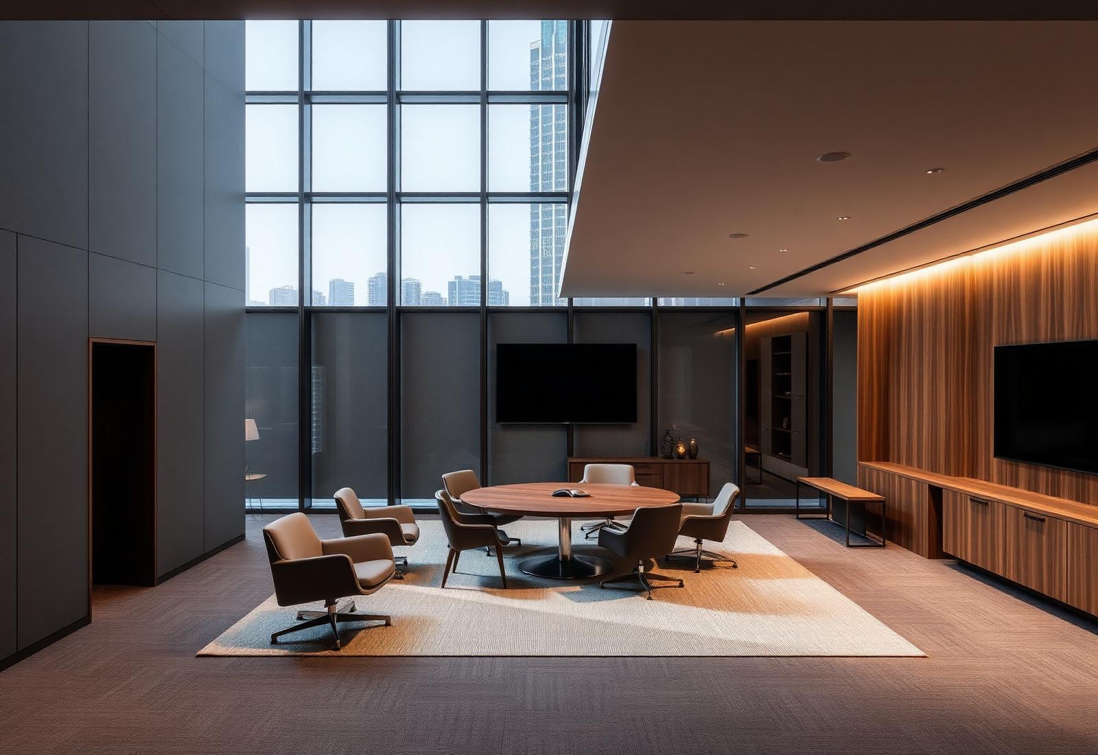 Ambiente corporativo moderno com sala de reunião executiva