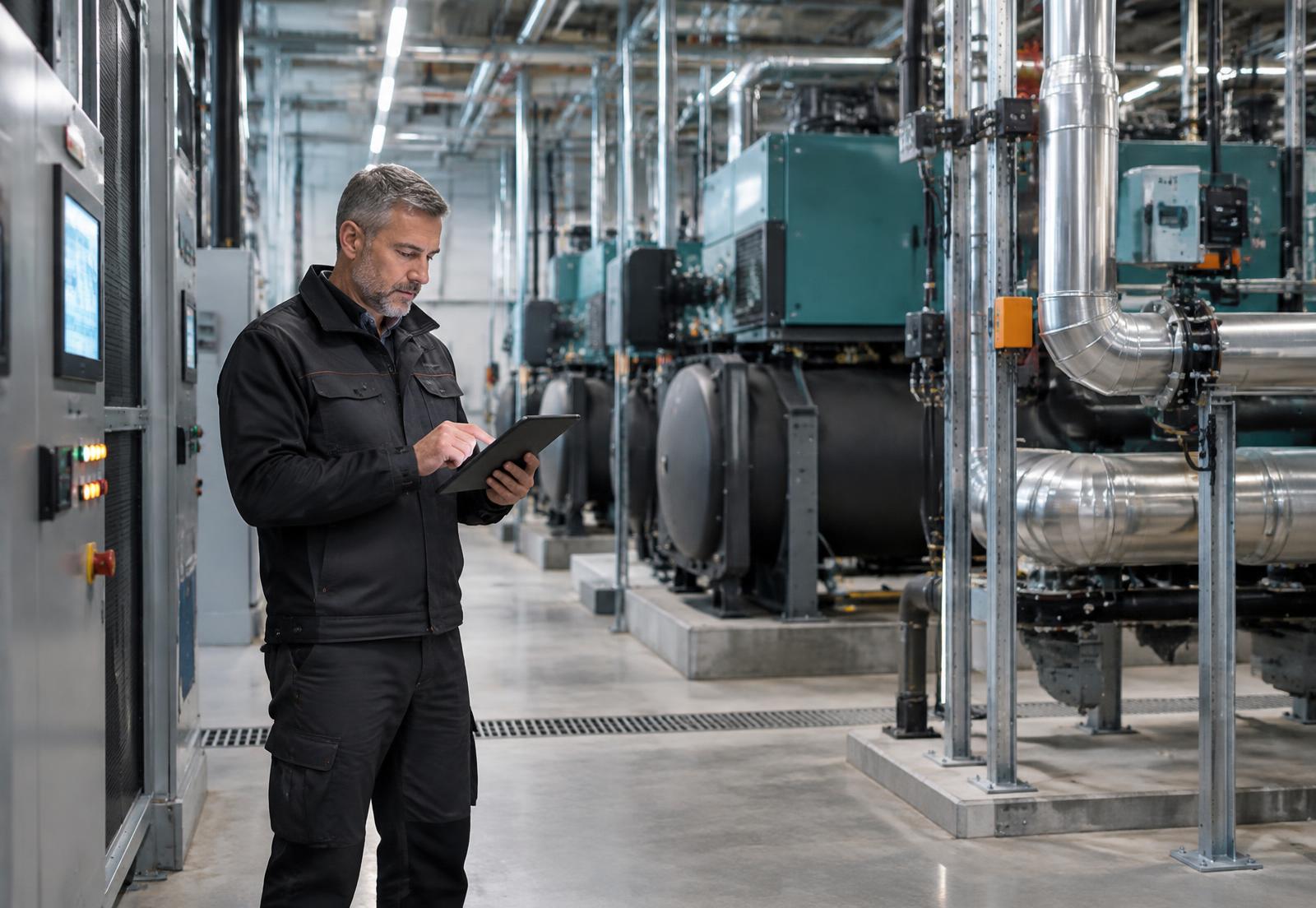 Gestor de manutenção analisando dados em uma grande sala de infraestrutura com equipamentos HVAC